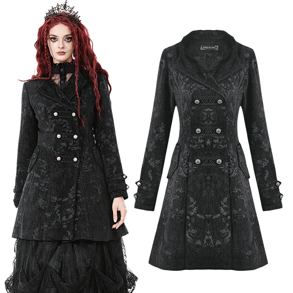Gothic Black Long Coat with Silver Buttons for Women