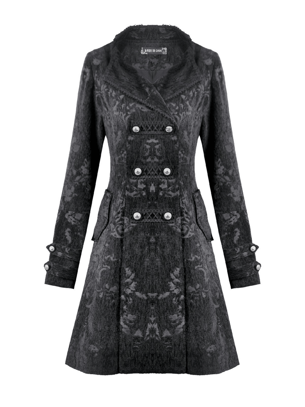 Gothic Black Long Coat with Silver Buttons for Women