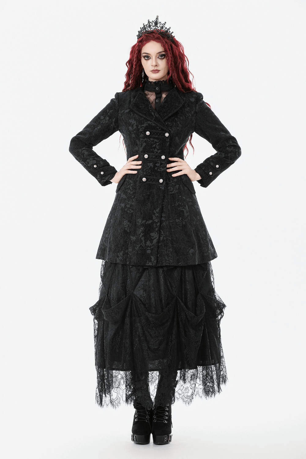 Gothic Black Long Coat with Silver Buttons for Women