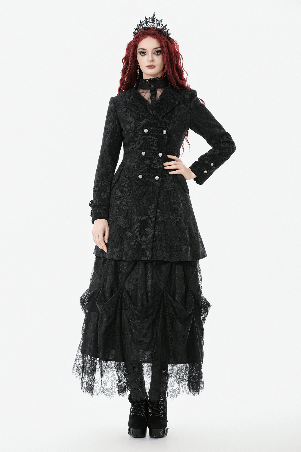 Gothic Black Long Coat with Silver Buttons for Women