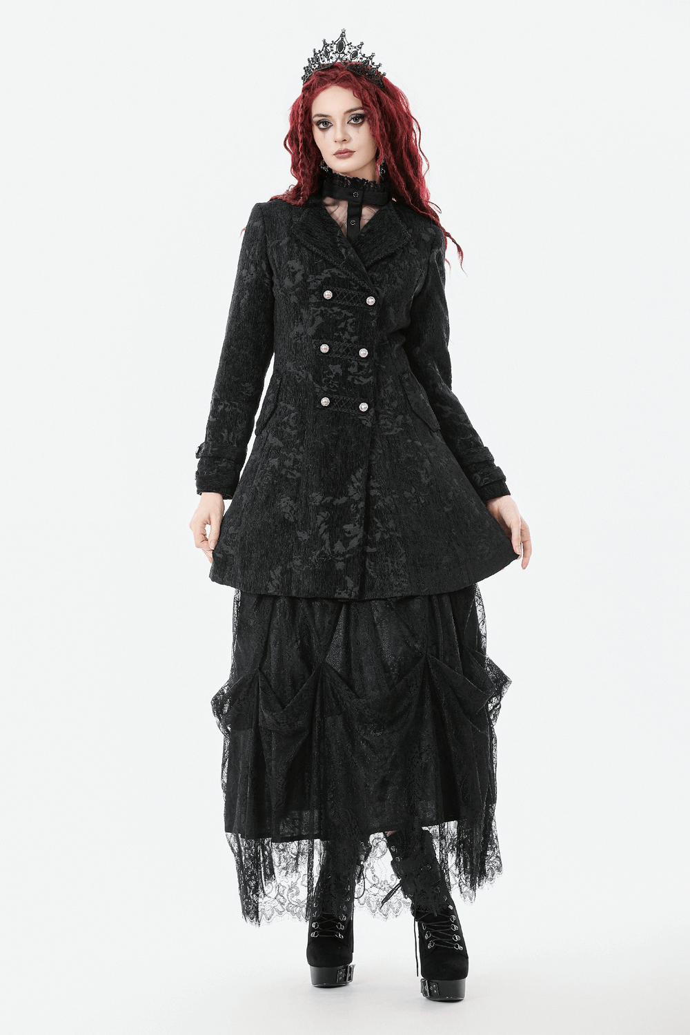 Gothic Black Long Coat with Silver Buttons for Women