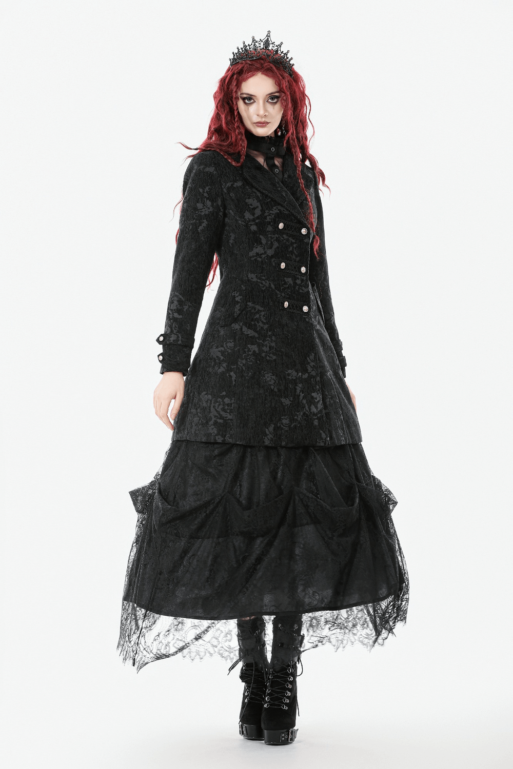 Gothic Black Long Coat with Silver Buttons for Women