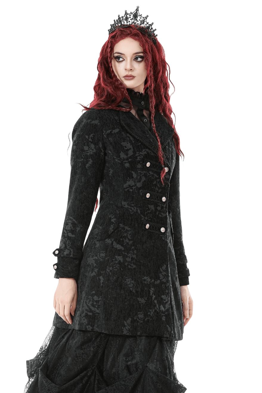 Gothic Black Long Coat with Silver Buttons for Women
