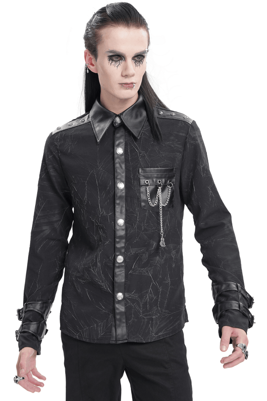 Gothic Black Long-Sleeved Shirt with Chains and Buckles
