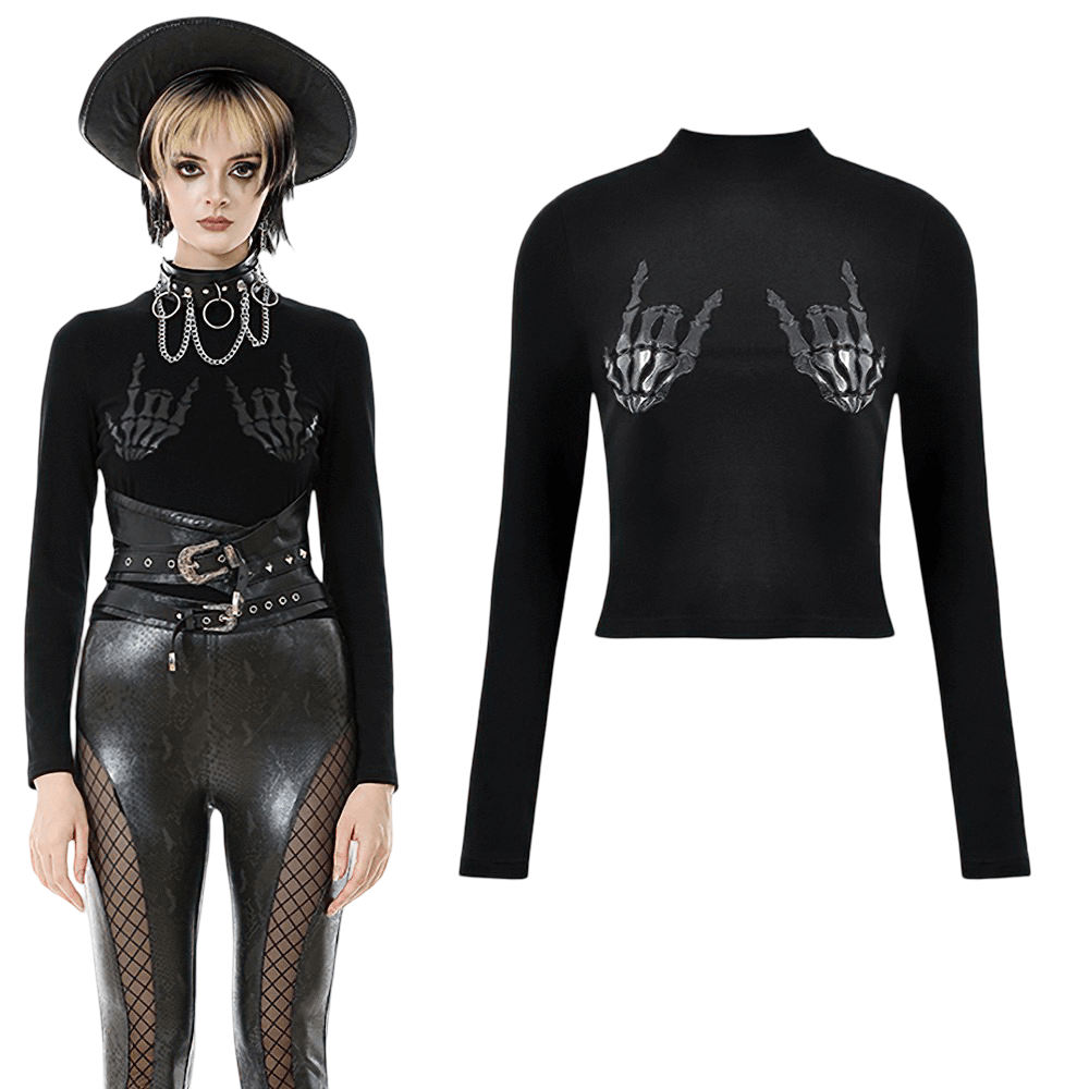 Gothic Black Long-Sleeved Top with Skeleton Hand Print