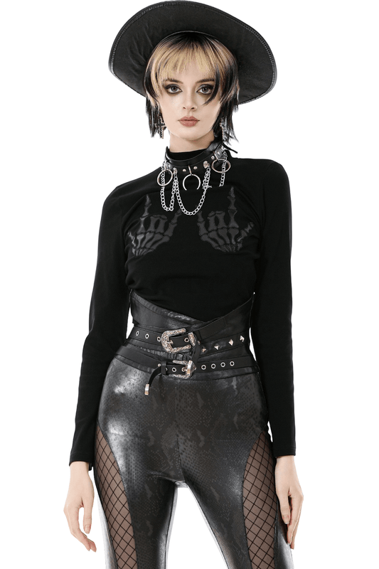 Gothic Black Long-Sleeved Top with Skeleton Hand Print