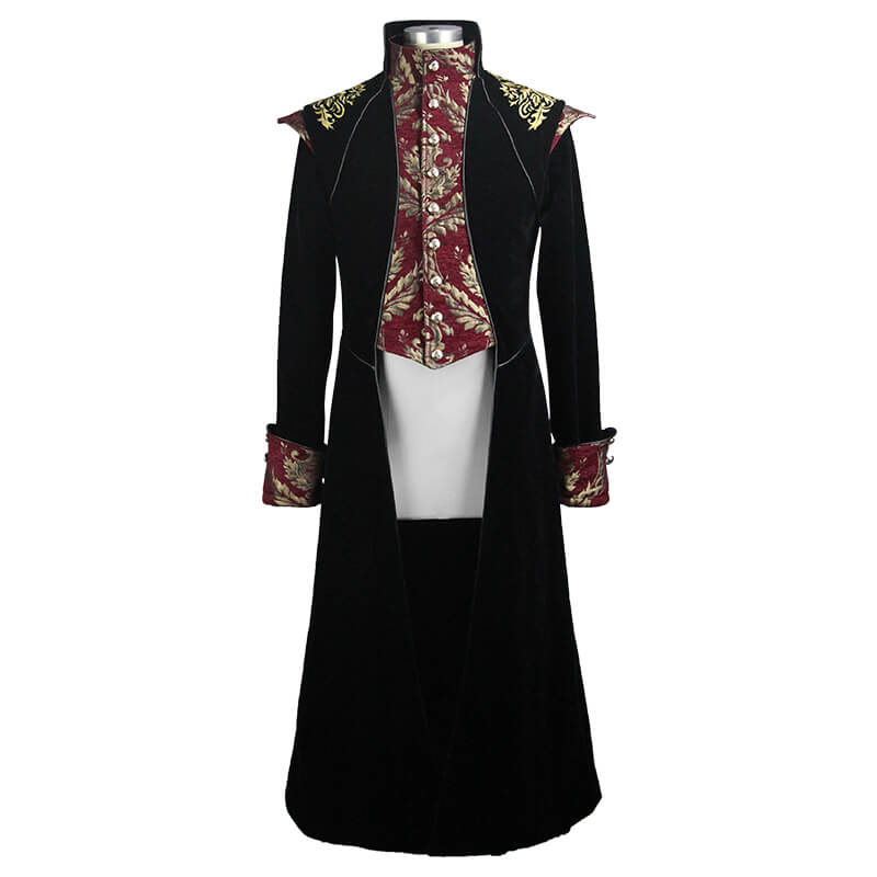 Gothic Black Long Tail Coat for Men / Male Coat with Vintage Pattern on Front