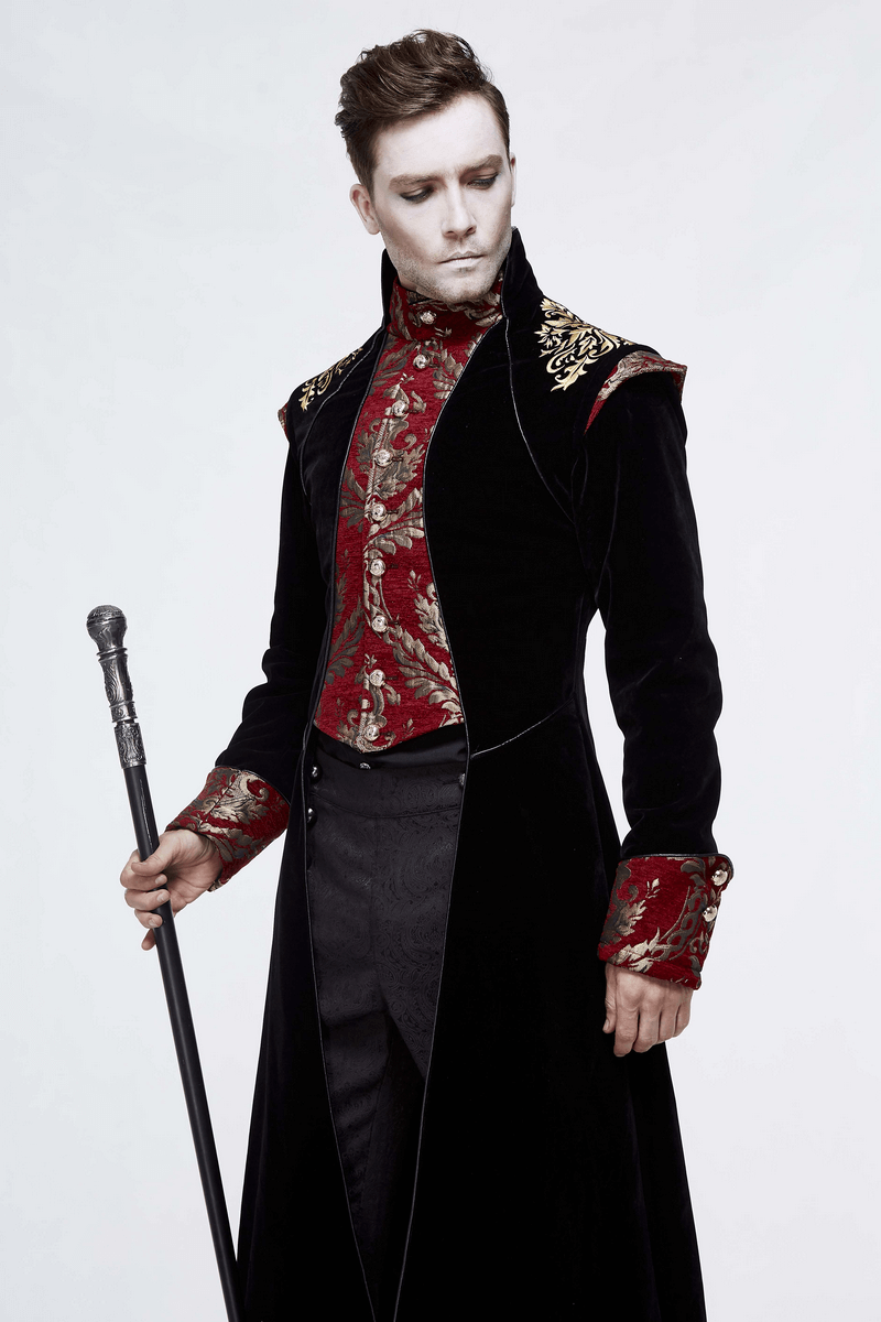 Gothic Black Long Tail Coat for Men / Male Coat with Vintage Pattern on Front