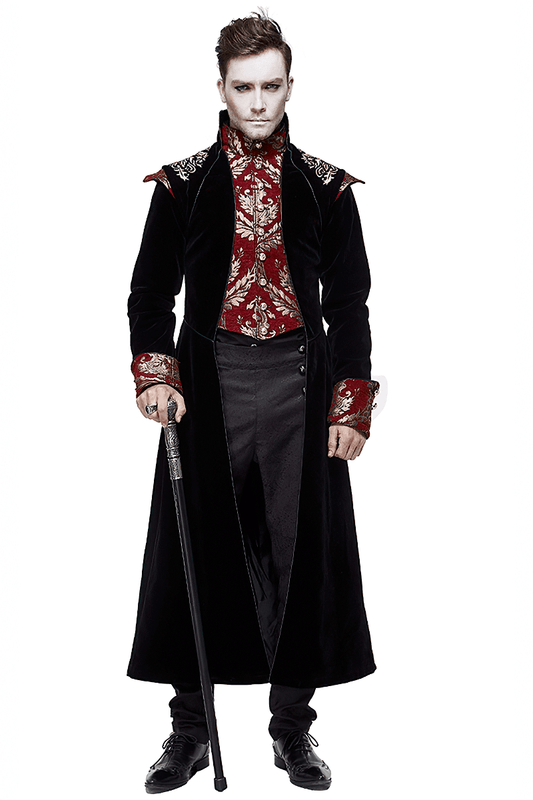 Gothic Black Long Tail Coat for Men / Male Coat with Vintage Pattern on Front