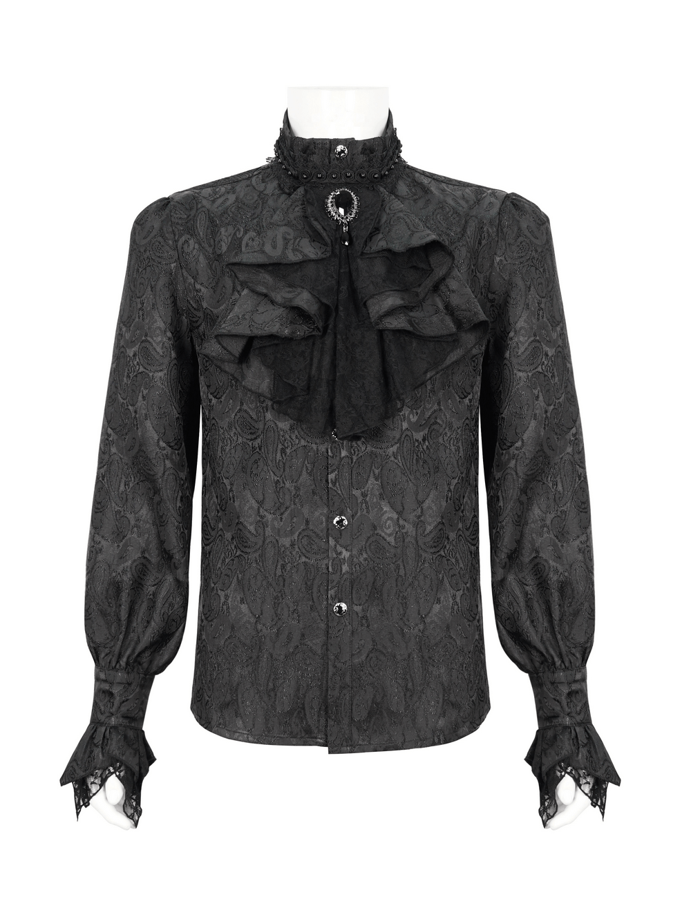 Gothic Black Men's Shirt With Tie Collar / Steampunk Male Long Sleeves Shirt