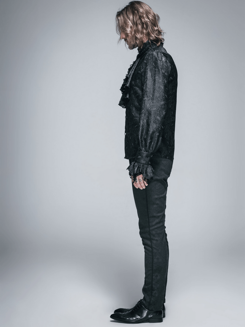 Gothic Black Men's Shirt With Tie Collar / Steampunk Male Long Sleeves Shirt