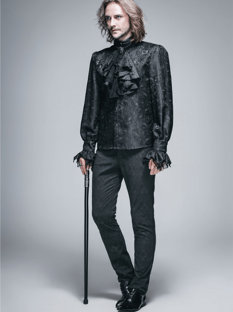 Gothic Black Men's Shirt With Tie Collar / Steampunk Male Long Sleeves Shirt