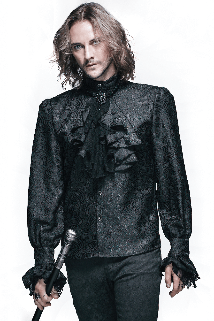 Gothic Black Men's Shirt With Tie Collar / Steampunk Male Long Sleeves Shirt