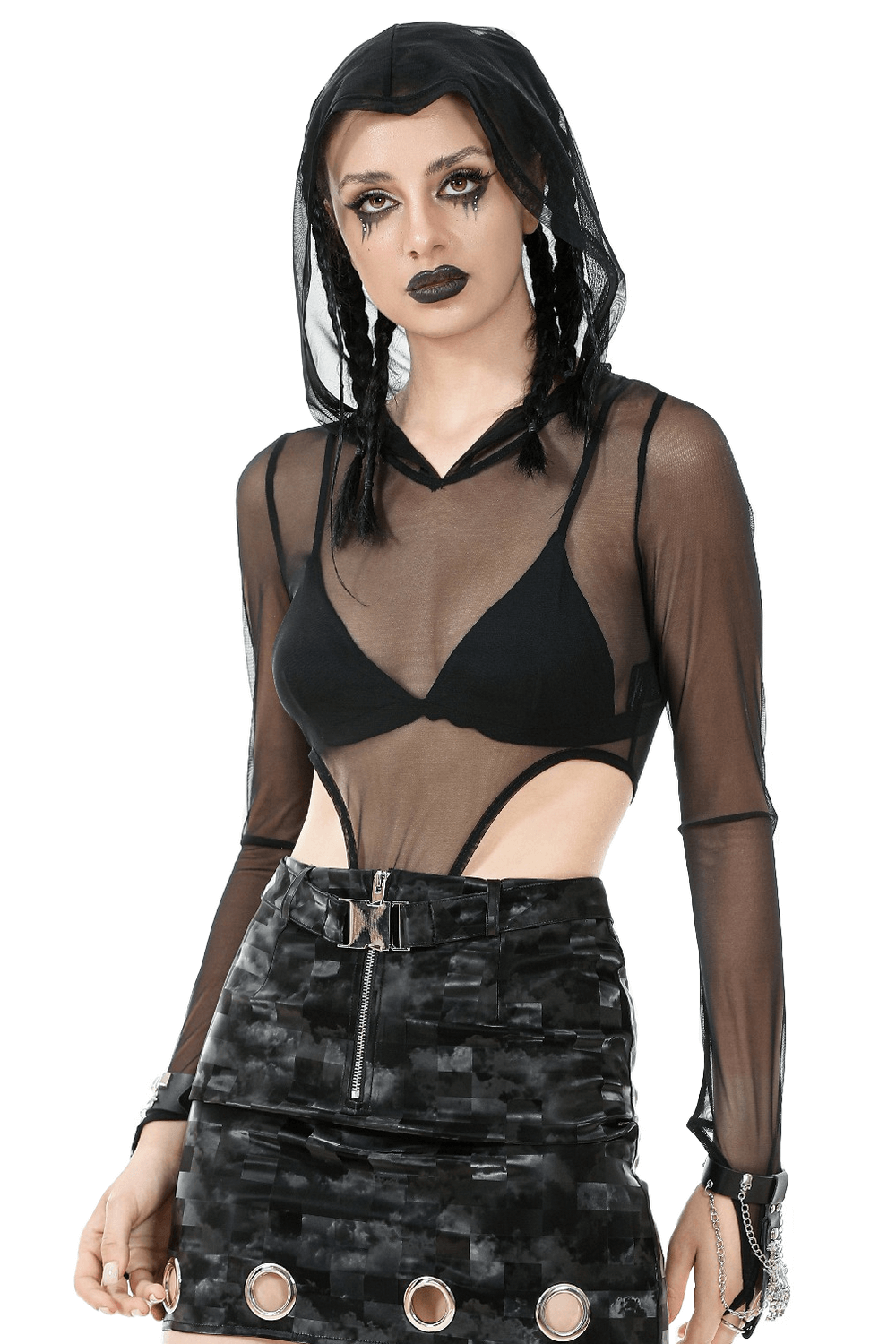 Gothic Black Mesh Bodysuit with Hood and Long Sleeves