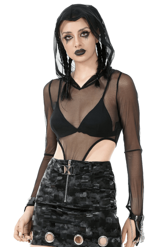 Gothic Black Mesh Bodysuit with Hood and Long Sleeves