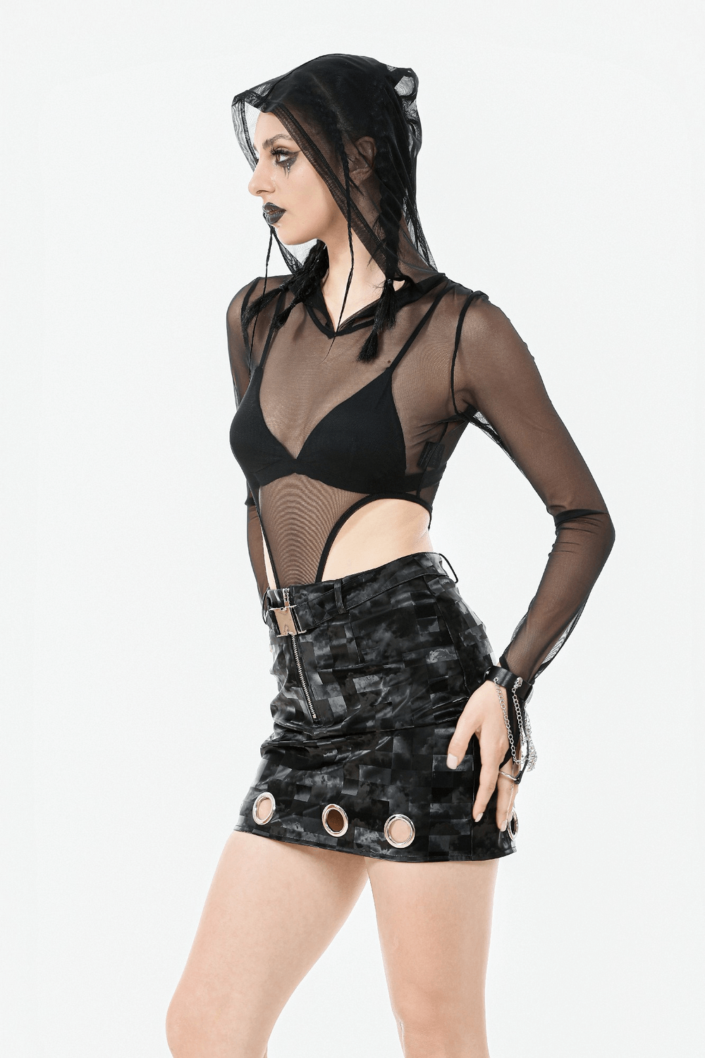 Gothic Black Mesh Bodysuit with Hood and Long Sleeves