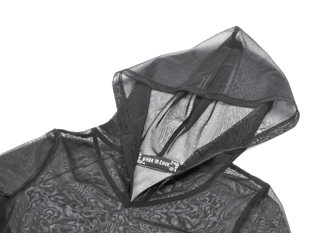 Gothic Black Mesh Bodysuit with Hood and Long Sleeves