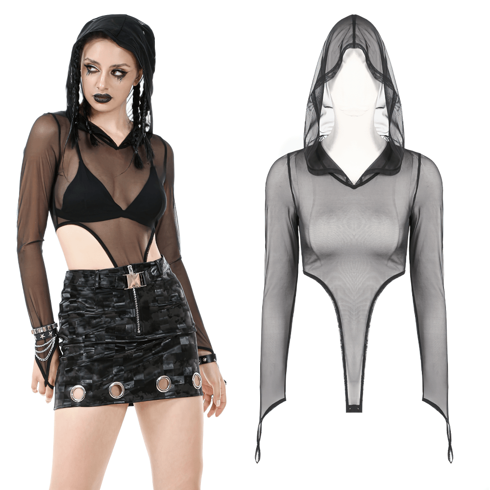 Gothic Black Mesh Bodysuit with Hood and Long Sleeves