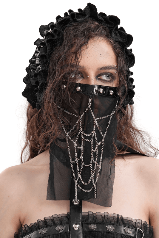 Gothic Black Mesh Chain Veil with Silver Studs and Chains