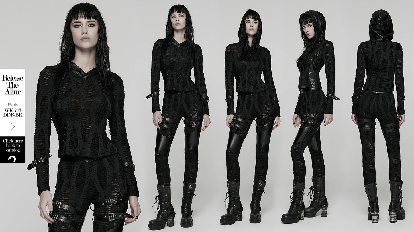 Gothic Black Mesh Hoodie Top with Buckle Cuff Detail