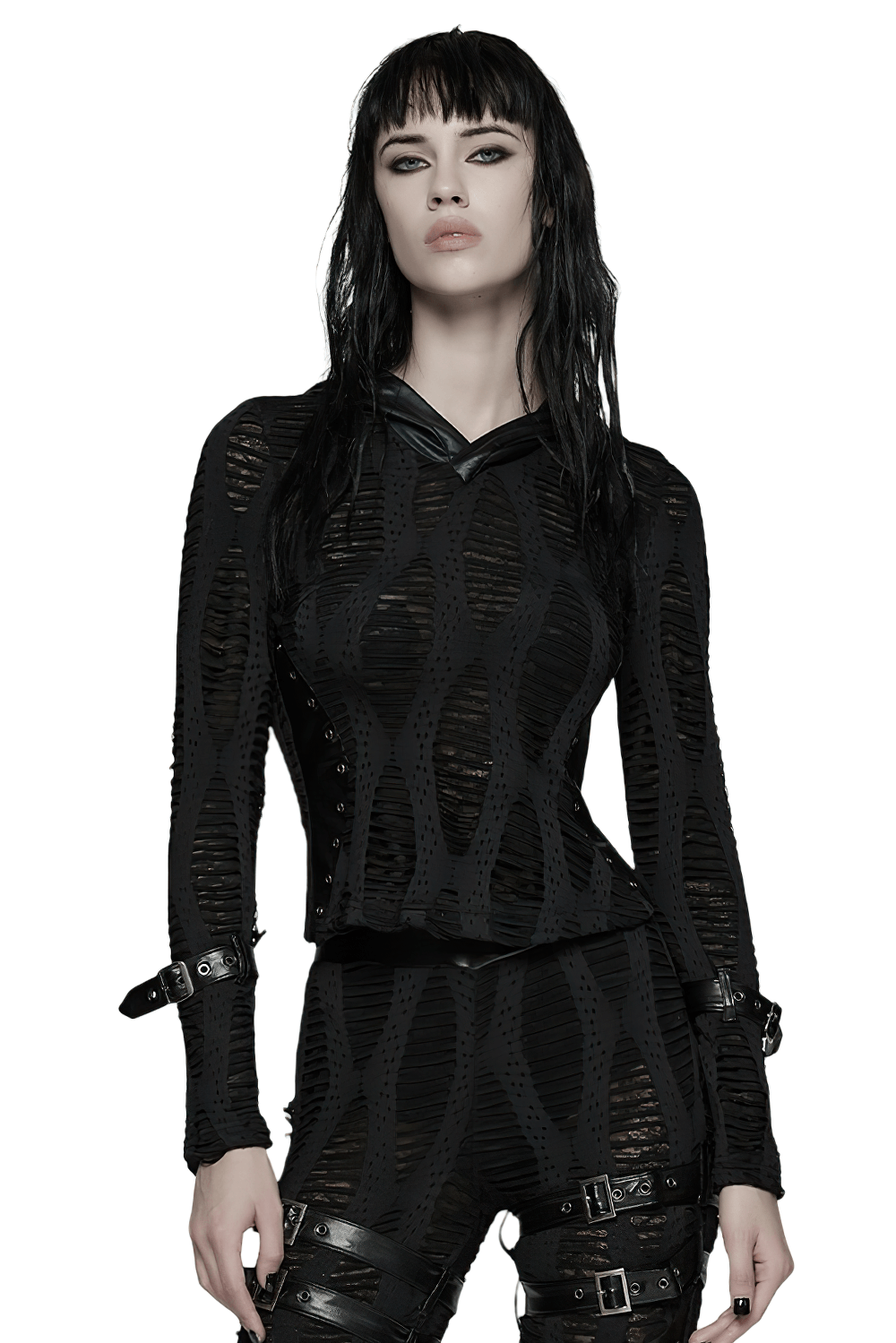 Gothic Black Mesh Hoodie Top with Buckle Cuff Detail