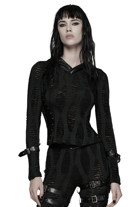 Gothic Black Mesh Hoodie Top with Buckle Cuff Detail