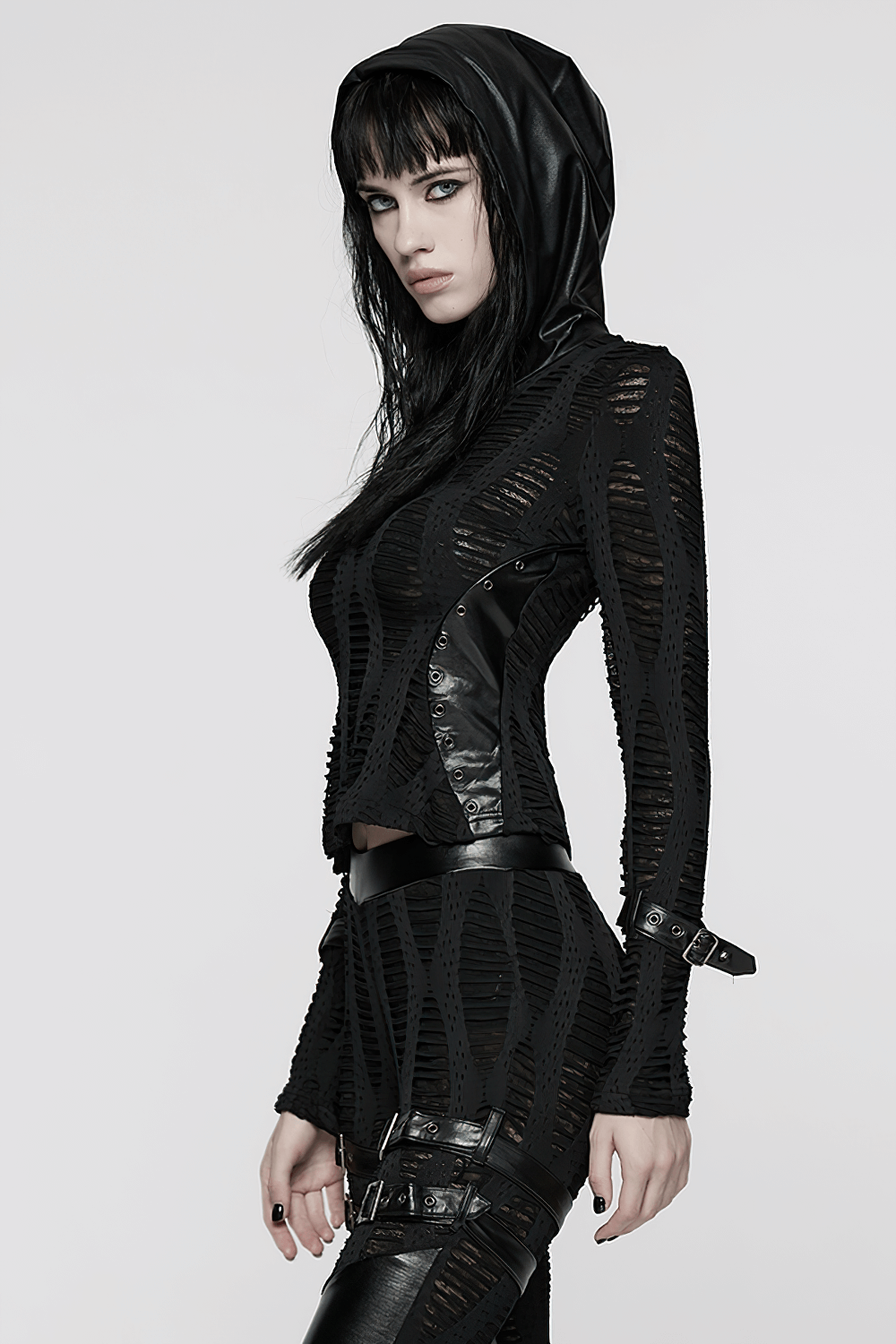 Gothic Black Mesh Hoodie Top with Buckle Cuff Detail