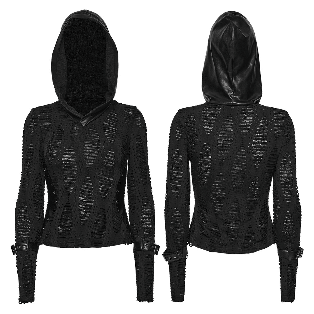 Gothic Black Mesh Hoodie Top with Buckle Cuff Detail