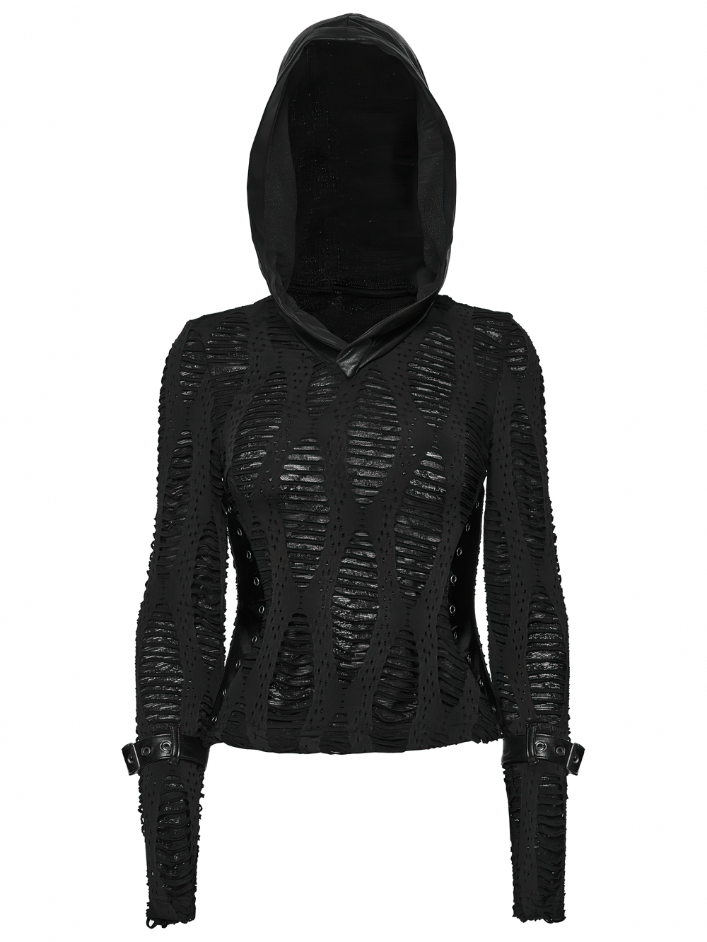 Gothic Black Mesh Hoodie Top with Buckle Cuff Detail