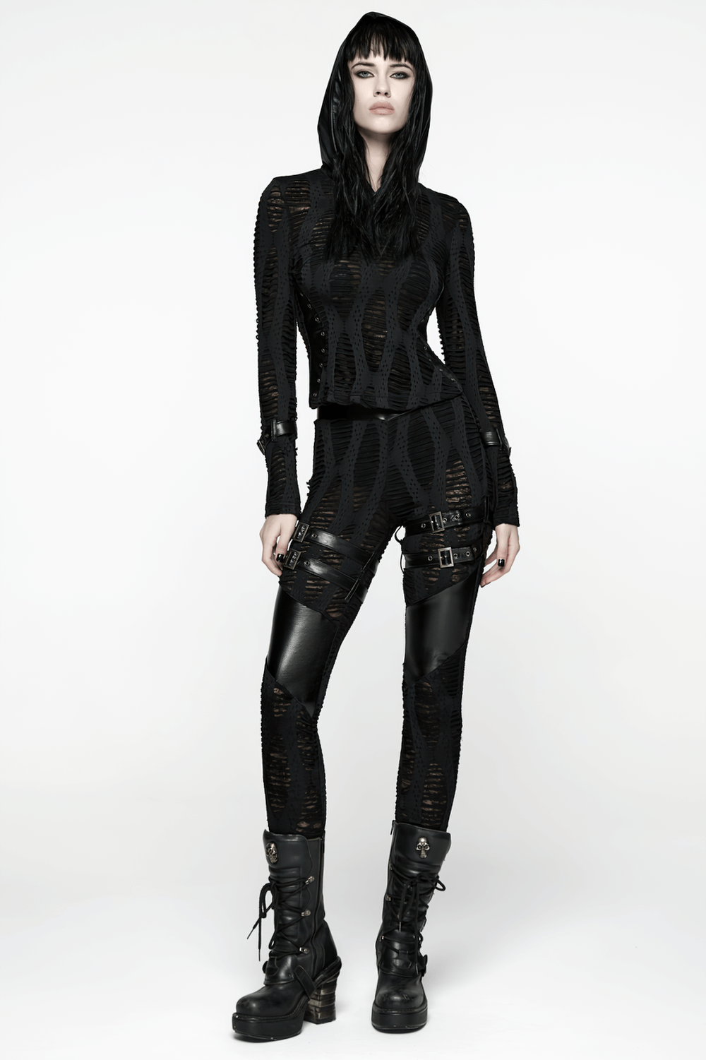 Gothic Black Mesh Hoodie Top with Buckle Cuff Detail