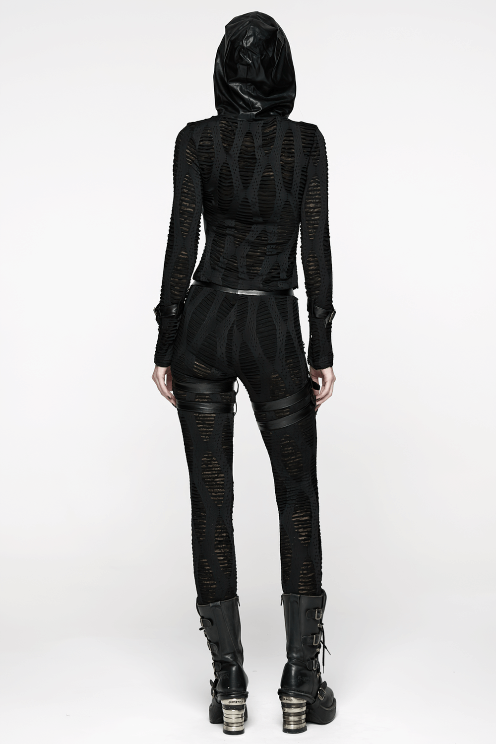 Gothic Black Mesh Hoodie Top with Buckle Cuff Detail