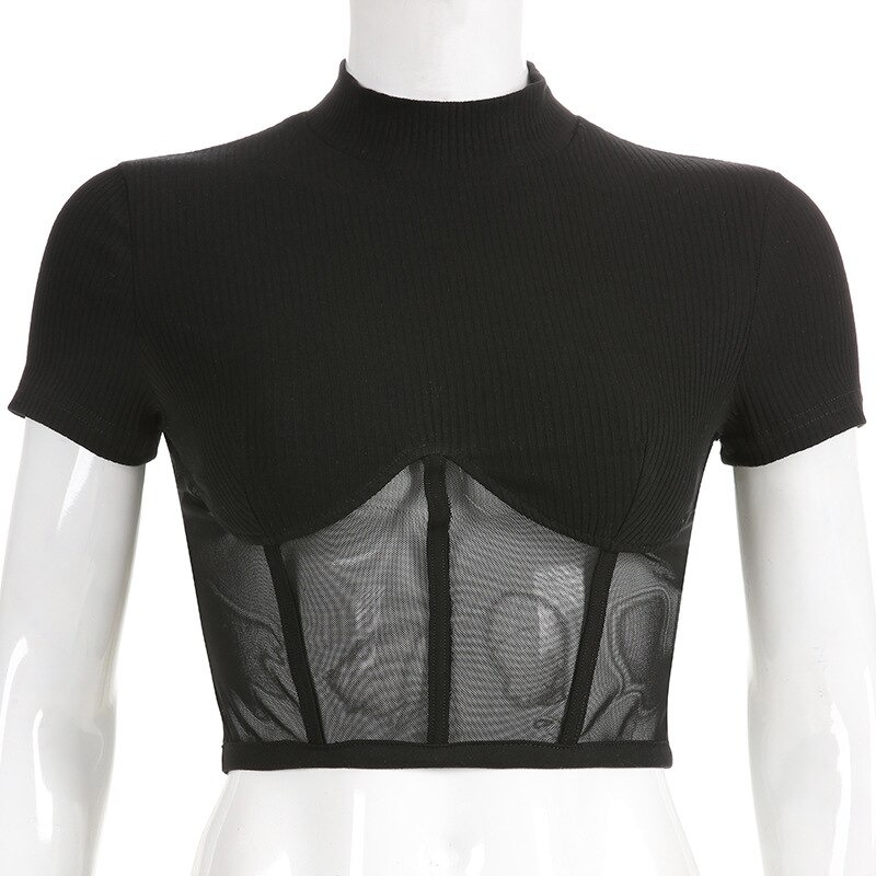 Gothic Black Mesh Top / Sexy Women's Short Sleeve Top / Punk Aesthetic Clothing