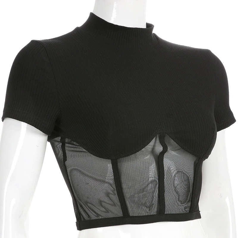 Gothic Black Mesh Top / Sexy Women's Short Sleeve Top / Punk Aesthetic Clothing