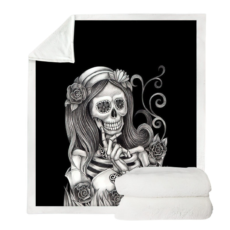 Gothic Black Plush Blanket with a 3D print of a female skeleton / Gothic Mystic Blankets of Sherpa