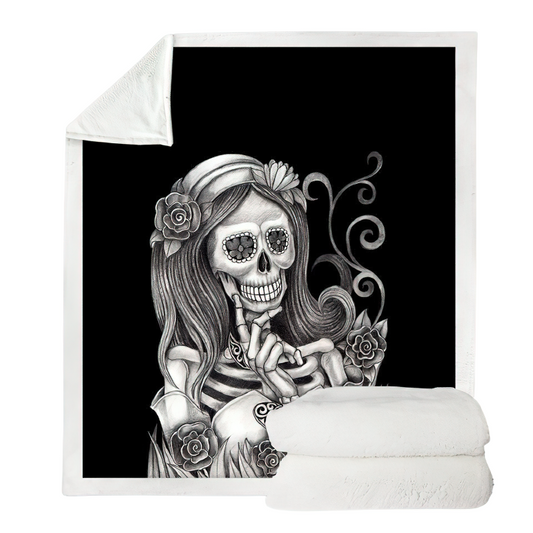Gothic Black Plush Blanket with a 3D print of a female skeleton / Gothic Mystic Blankets of Sherpa
