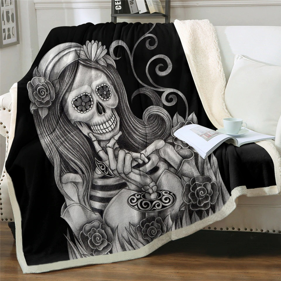 Gothic Black Plush Blanket with a 3D print of a female skeleton / Gothic Mystic Blankets of Sherpa