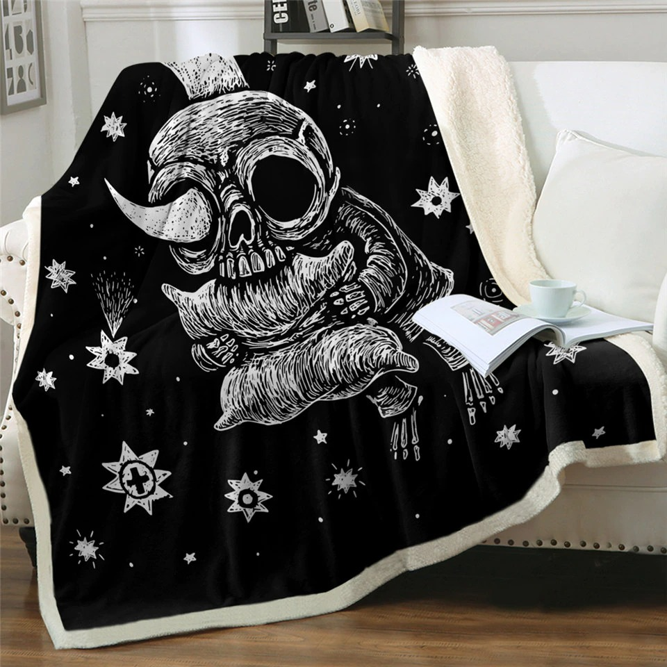Gothic Black Plush Blanket With Skull Moon / Unisex Mystic Blanket With Sherpa