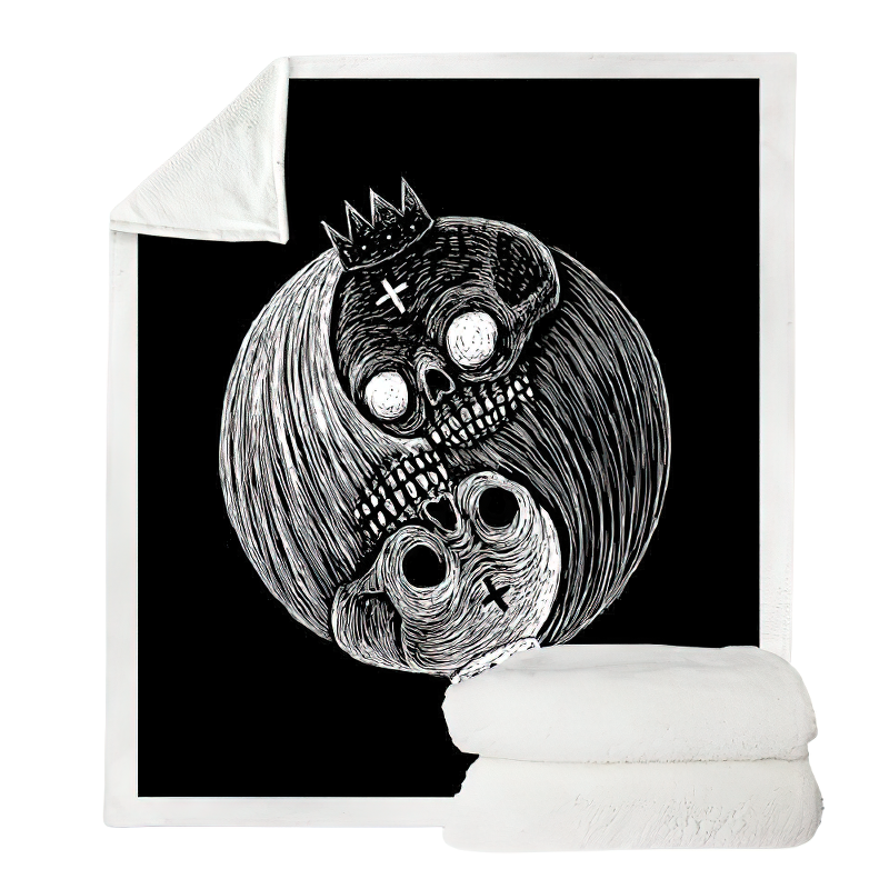 Gothic Black Plush Blanket With Skull Moon / Unisex Mystic Blanket With Sherpa #2