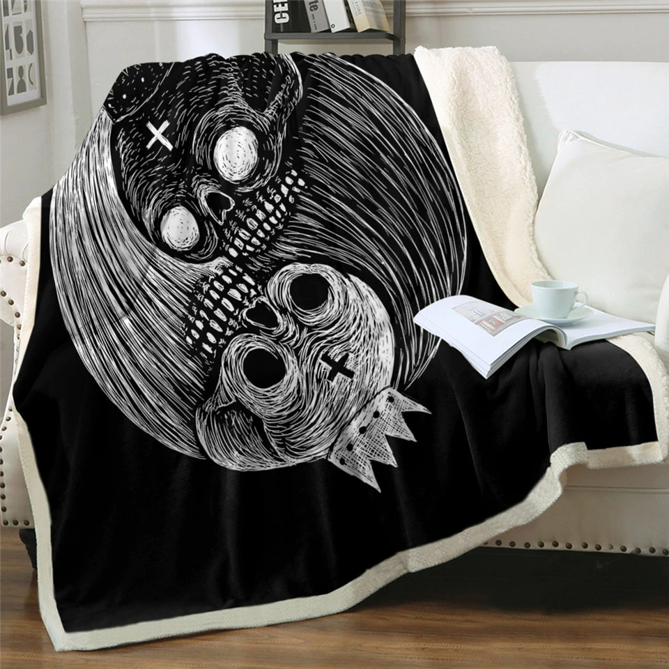 Gothic Black Plush Blanket With Skull Moon / Unisex Mystic Blanket With Sherpa #2