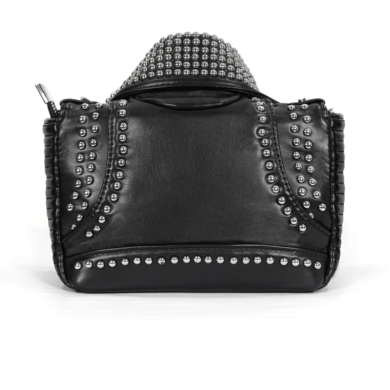 Gothic Black Rivets Jacket Bag With Chain / Punk Pu Leather Shoulder Bag