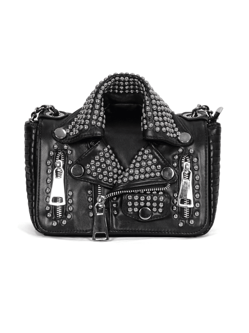 Gothic Black Rivets Jacket Bag With Chain / Punk Pu Leather Shoulder Bag