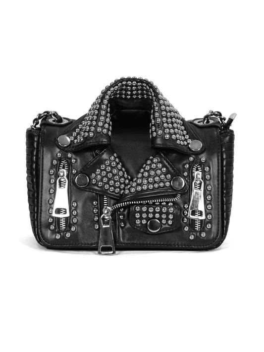 Gothic Black Rivets Jacket Bag With Chain / Punk Pu Leather Shoulder Bag
