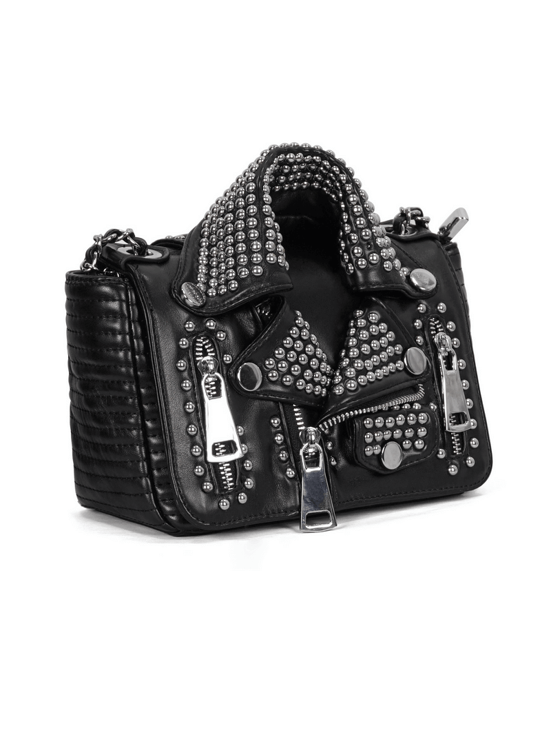 Gothic Black Rivets Jacket Bag With Chain / Punk Pu Leather Shoulder Bag