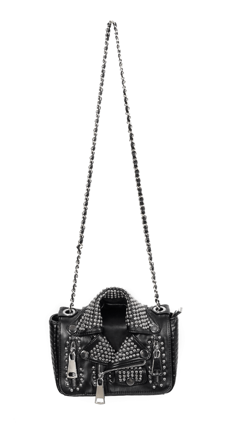 Gothic Black Rivets Jacket Bag With Chain / Punk Pu Leather Shoulder Bag