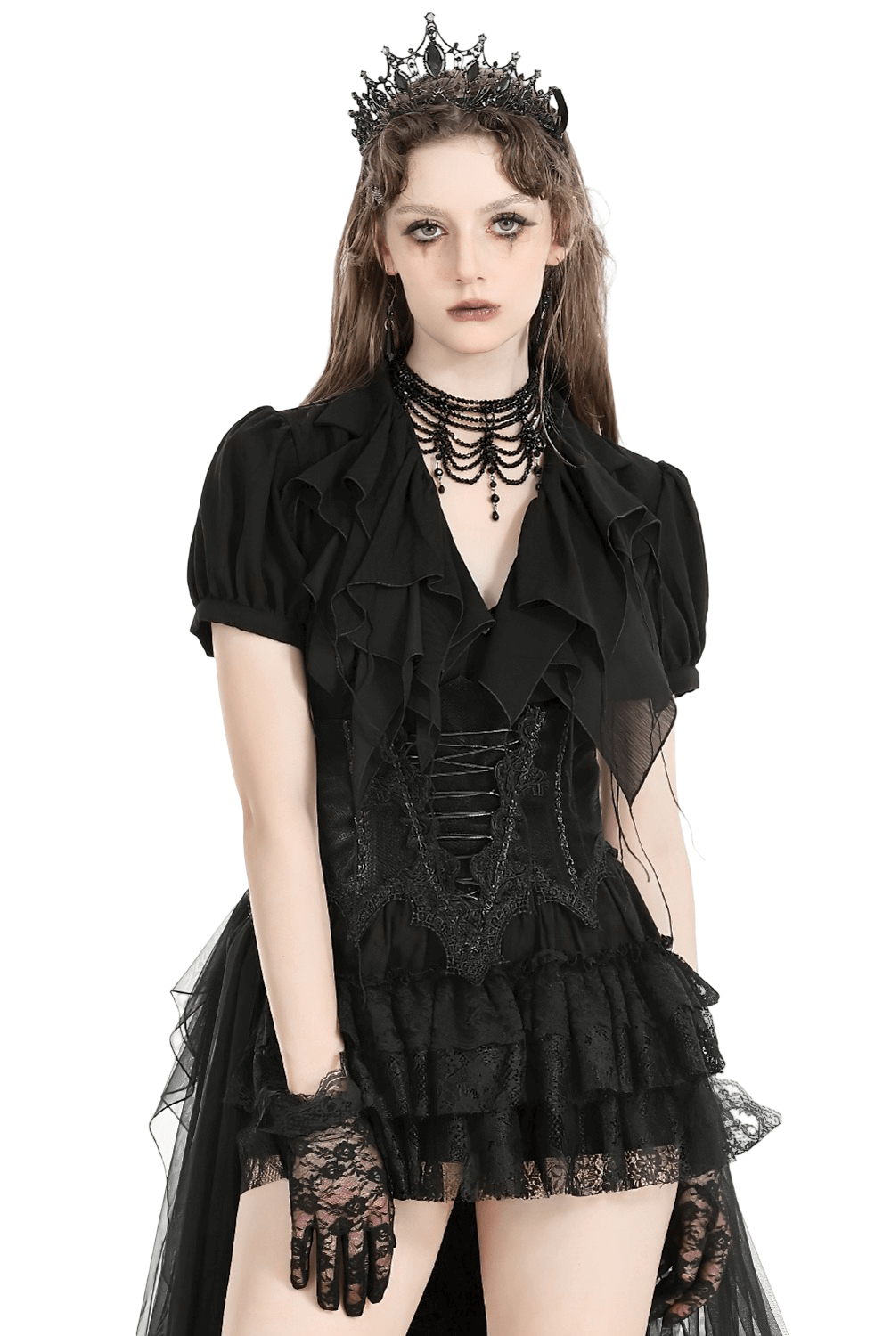 Gothic Black Ruffled Blouse with Corset Lace Back
