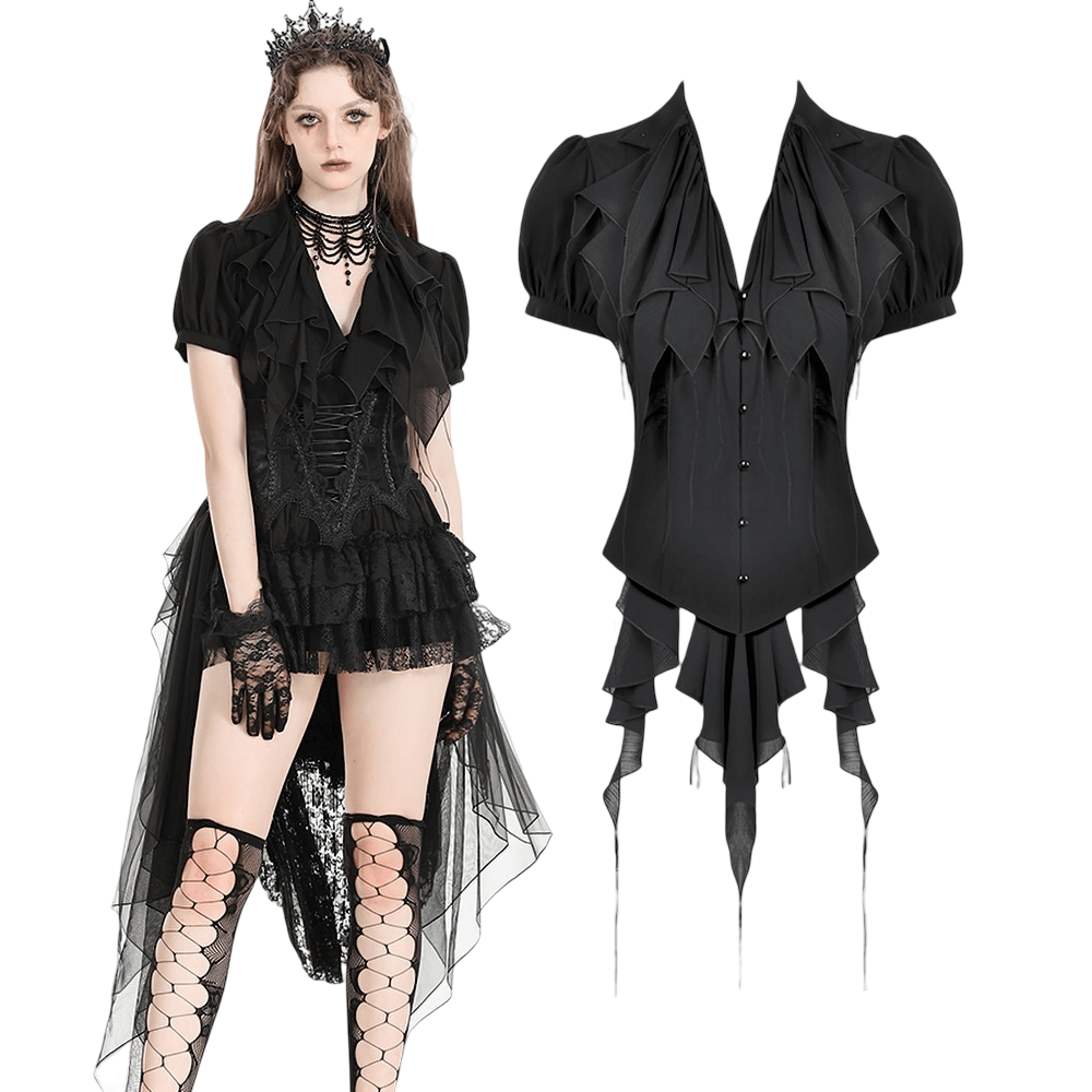 Gothic Black Ruffled Blouse with Corset Lace Back