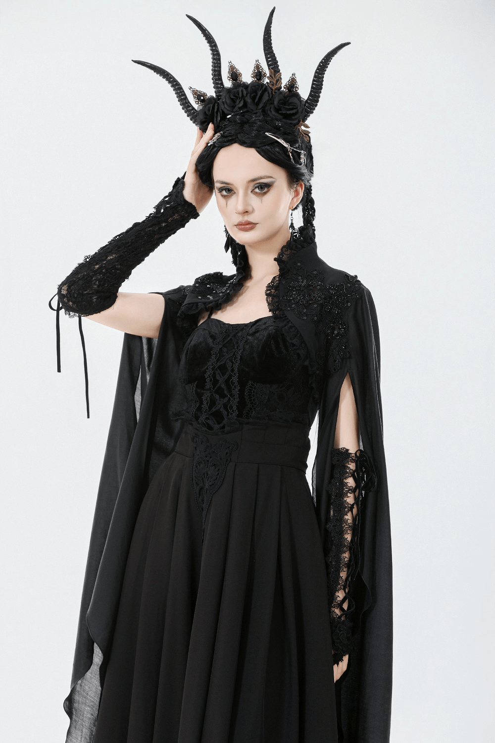 Gothic Black Shrug with Beaded Embroidery and Long Sleeves
