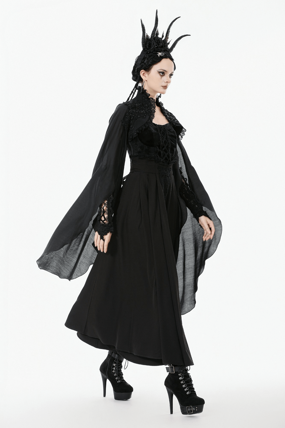 Gothic Black Shrug with Beaded Embroidery and Long Sleeves