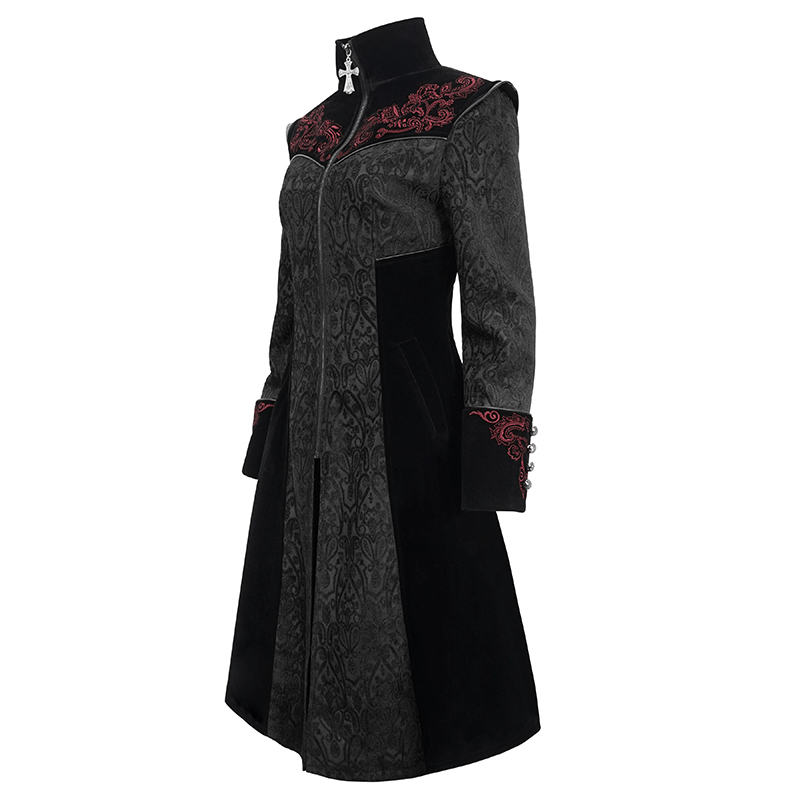 Gothic Black Stand Collar Floral Embroidered Coat for Women / Alternative Fashion Outerwear