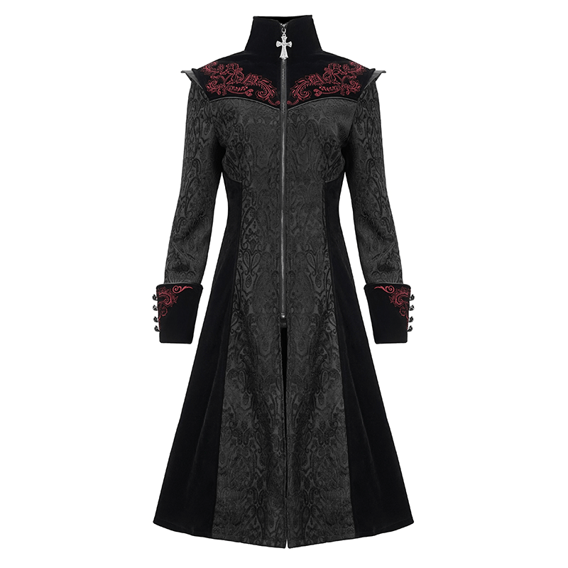 Gothic Black Stand Collar Floral Embroidered Coat for Women / Alternative Fashion Outerwear